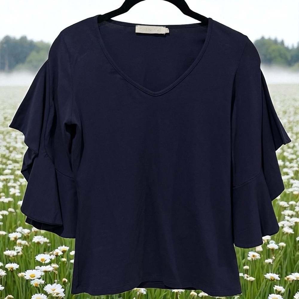 Anne Fontaine Navy Ruffle Sleeve Blouse Elevated Basic Capsule‎ Chic Size 36